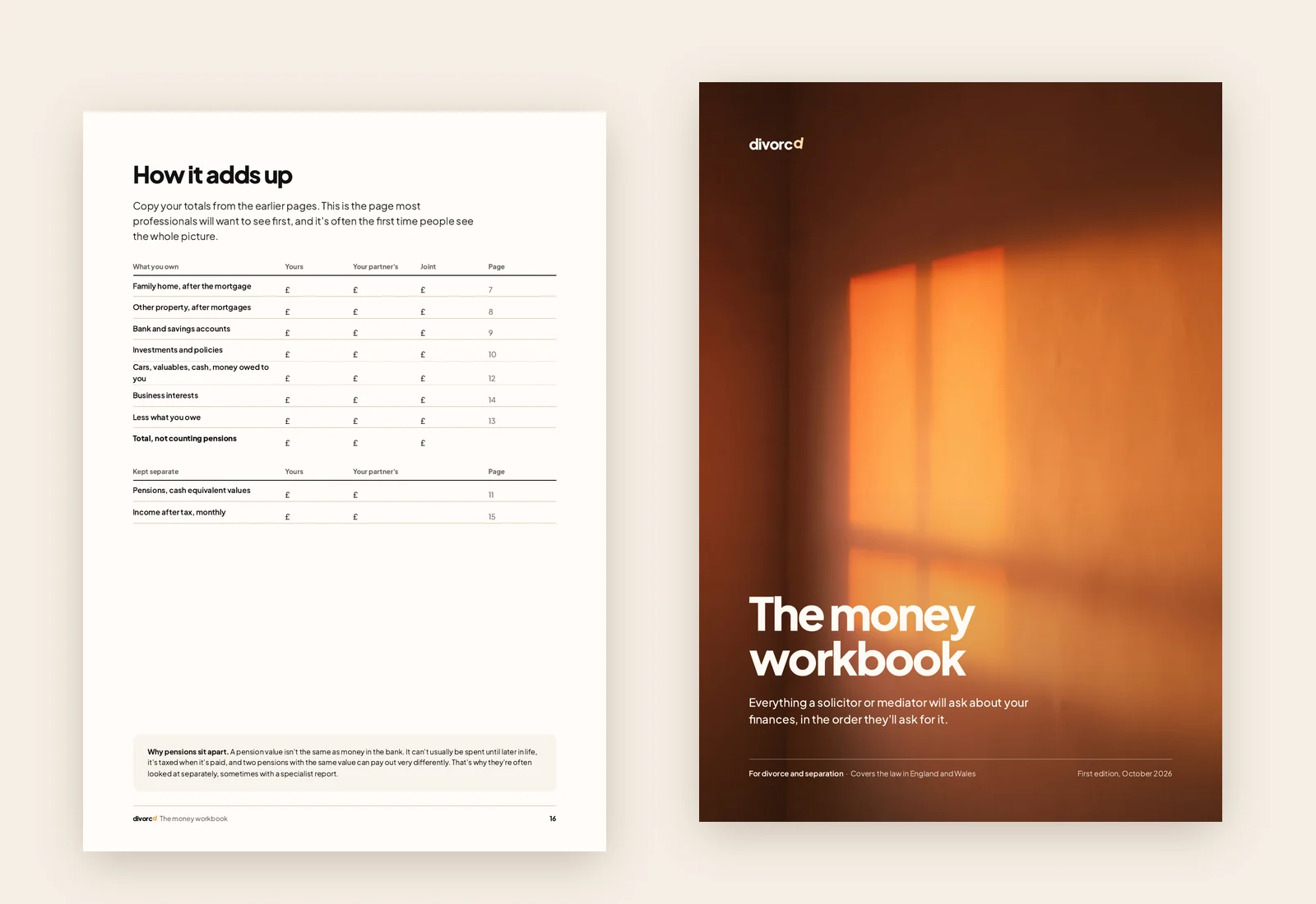 The money workbook: the cover and the page that adds up everything you own and owe